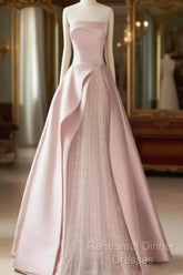 A Line Strapless Pink Party Dress Long Satin Semi Formal Prom Dress